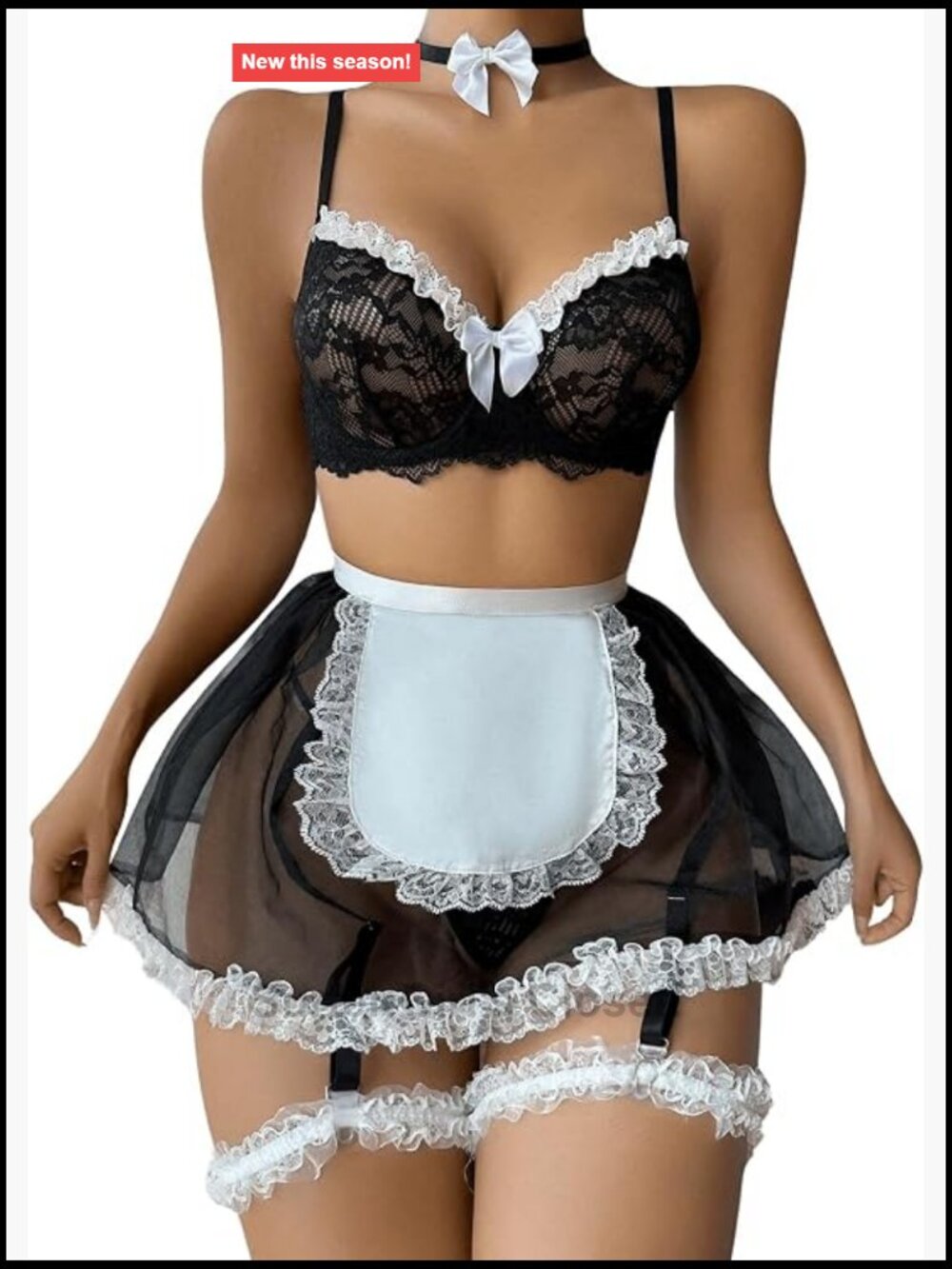6pc Floral Lace Maid Costume Lingerie Set Choker & Leg Ring